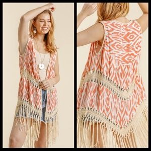 Coral Ikat Print Crochet Duster W/Tassels & Fringe